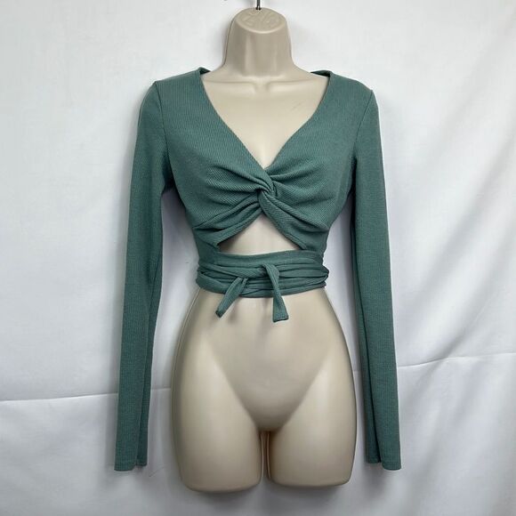 Urban Outfitters sage green long sleeve wrap crop top EUC size small - Picture 1 of 11